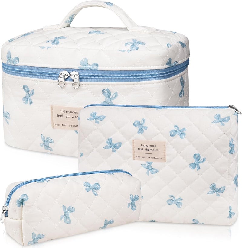 Gosect 3PC Makeup Bag Set, Quilted Makeup Bag, Large Floral Cosmetic Bag for Women, Cute Cotton Makeup Bags, Flower Travel Toiletry Organizer Bag (White and Blue Bow) - Image 1